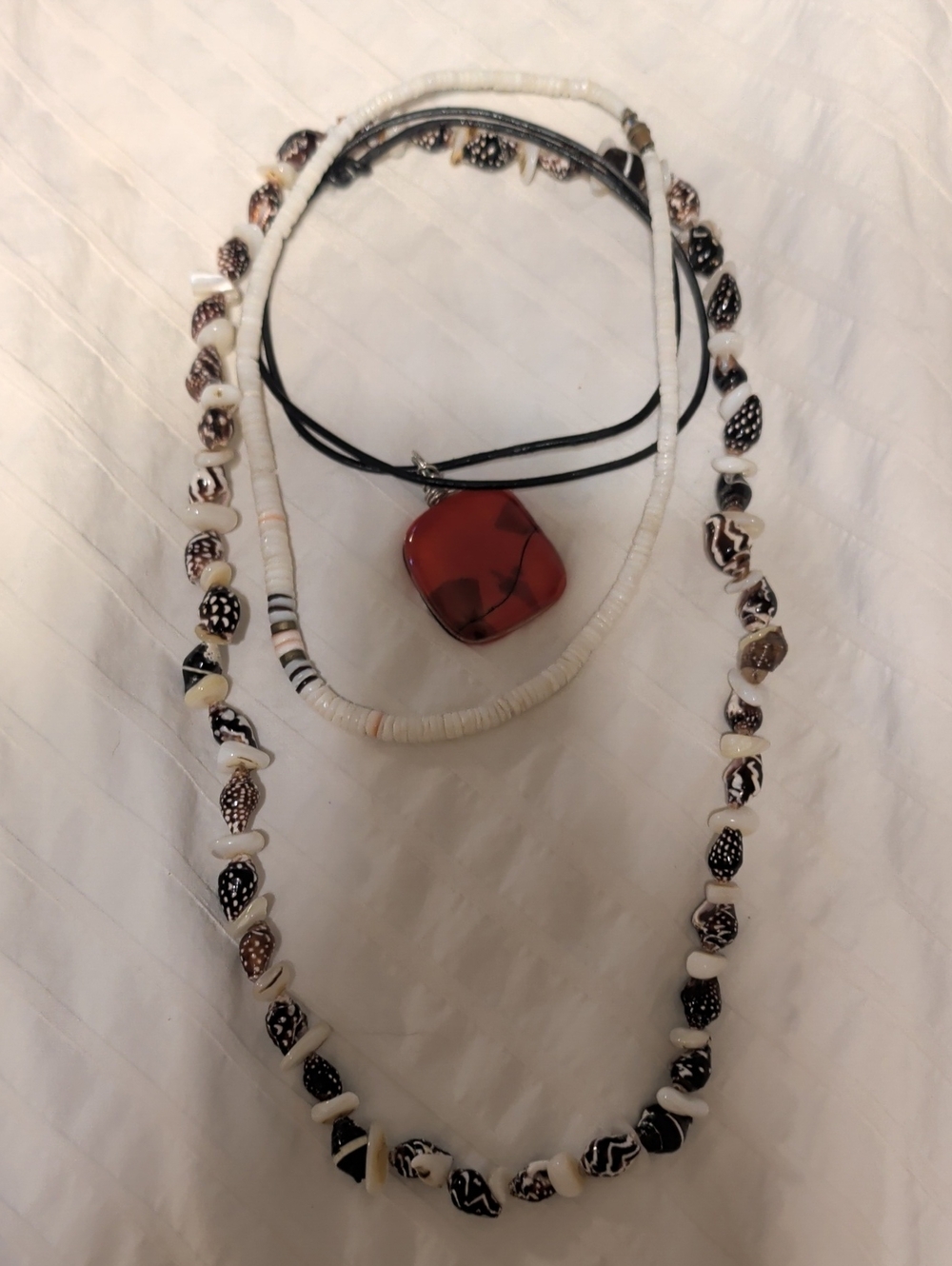 Layered Boho Coastal Red Pendant and Shell Bead Women's Necklace Set